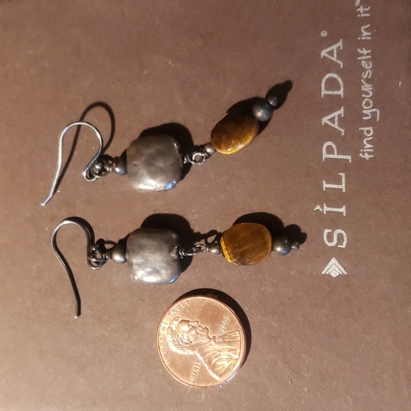 Silpada Oxidized SS, Mother of Pearl & Tiger Eye Earrings - Picture 2 of 3